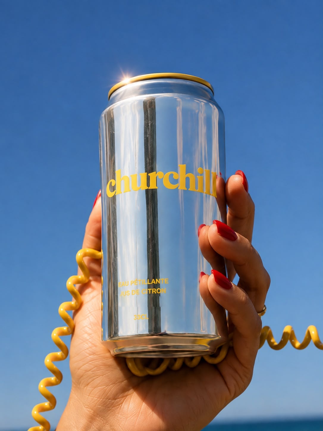 Canette churchill tenue à la main sur ciel bleu